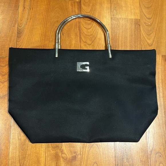 Guess Black Nylon Canvas Silver Tone Handles Handbag Small Tote Purse Y2K 90s - Picture 4 of 11